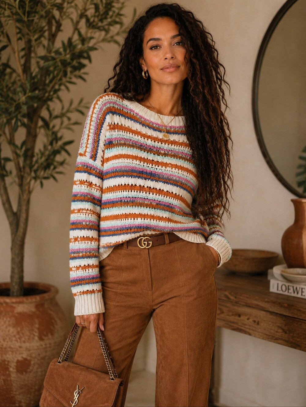 Willow & Root Crochet Knit Open Back Sweater | Striped Boho Pullover | Large